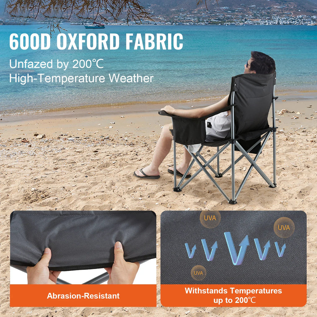 Folding camping chair being used on a beach with details on durable 600D Oxford fabric