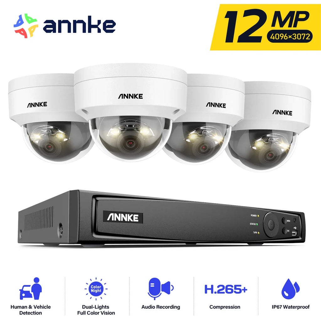 Security camera kit with four dome cameras and one NVR recorder on a white background with feature icons