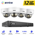 Security camera kit with four dome cameras and one NVR recorder on a white background with feature icons