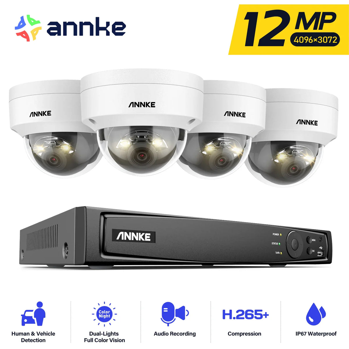 Security camera kit with four dome cameras and one NVR recorder on a white background with feature icons