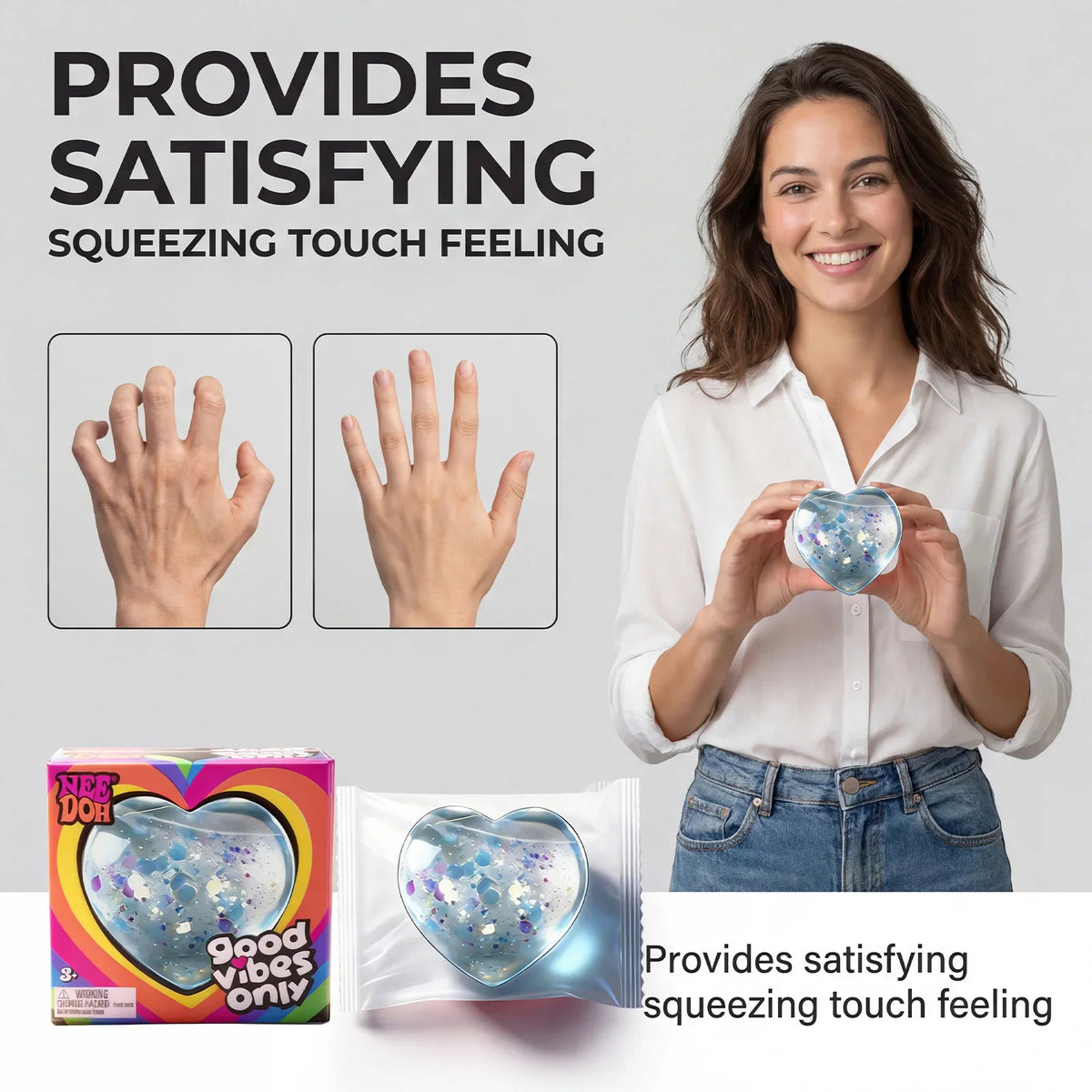 Woman holding a heart shaped stress relief toy