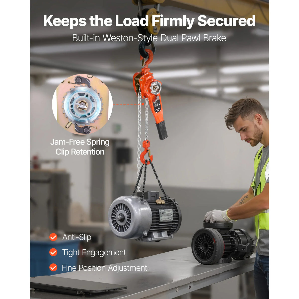 Lever chain hoist lifting an industrial motor, showing internal brake mechanism detail.