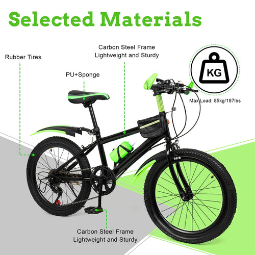 Black and green 20 inch mountain bike with mudguards, water bottle, storage bag, and carbon steel frame