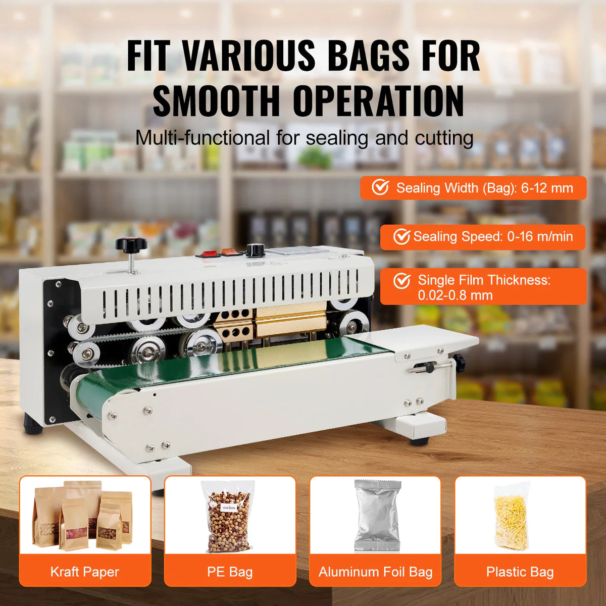 Continuous band sealing machine showing compatibility with various bag types including kraft, PE, foil, and plastic bags.