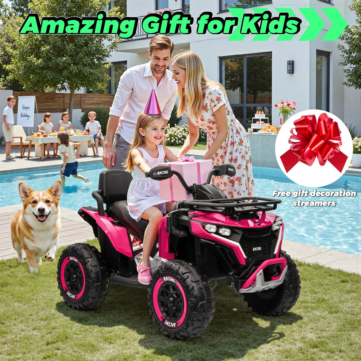 Family gifting a pink ride-on ATV to a child by a pool with a bow graphic