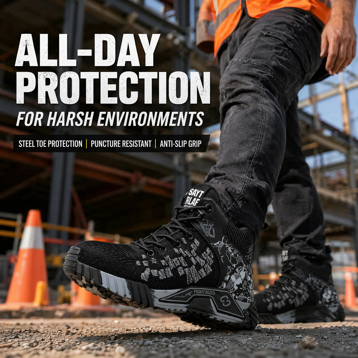 Man wearing black safety boots on a construction site