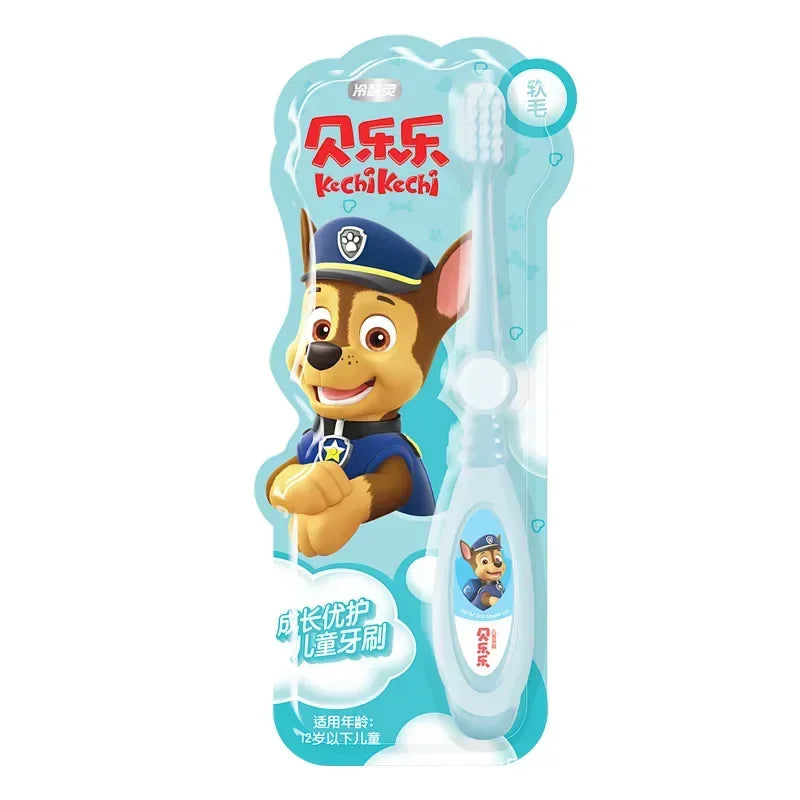 A single blue soft bristle toothbrush for kids featuring a cute cartoon police dog character on the handle and packaging.