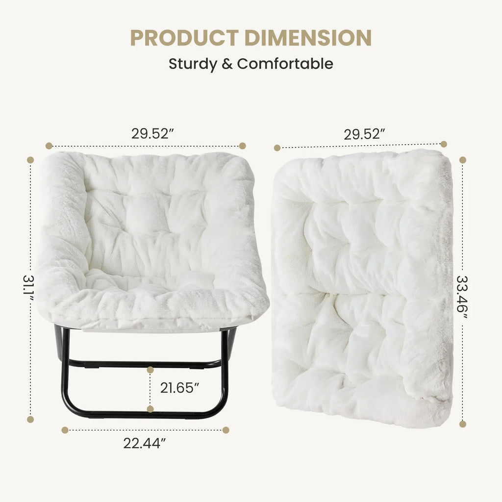 Diagram of white faux fur saucer chair dimensions