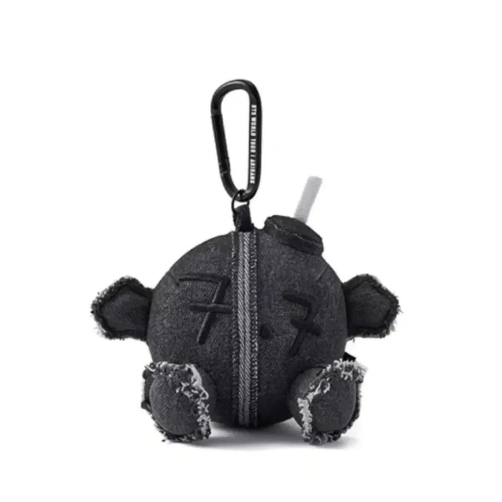 Grey denim plush ball doll pendant with a black carabiner clip