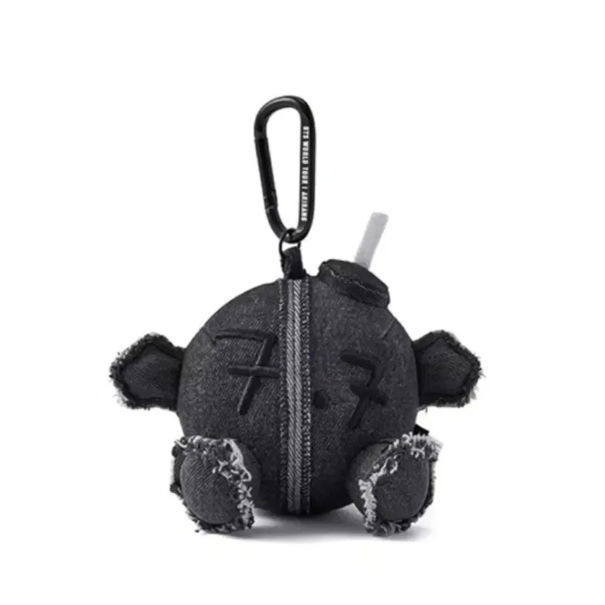 Grey denim plush ball doll pendant with a black carabiner clip