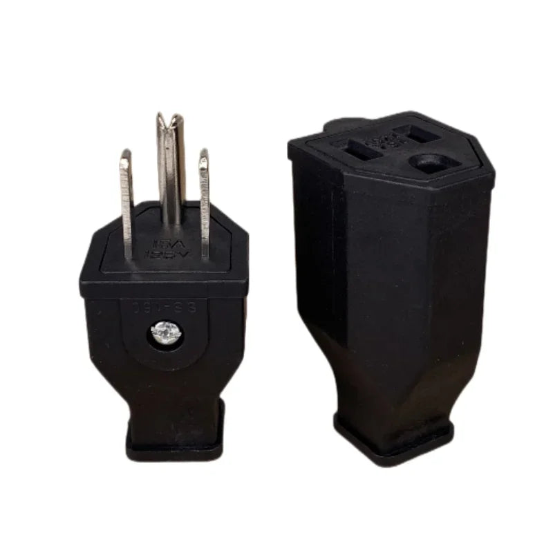 A set of a black 3-pin AC power plug and a female socket connector.