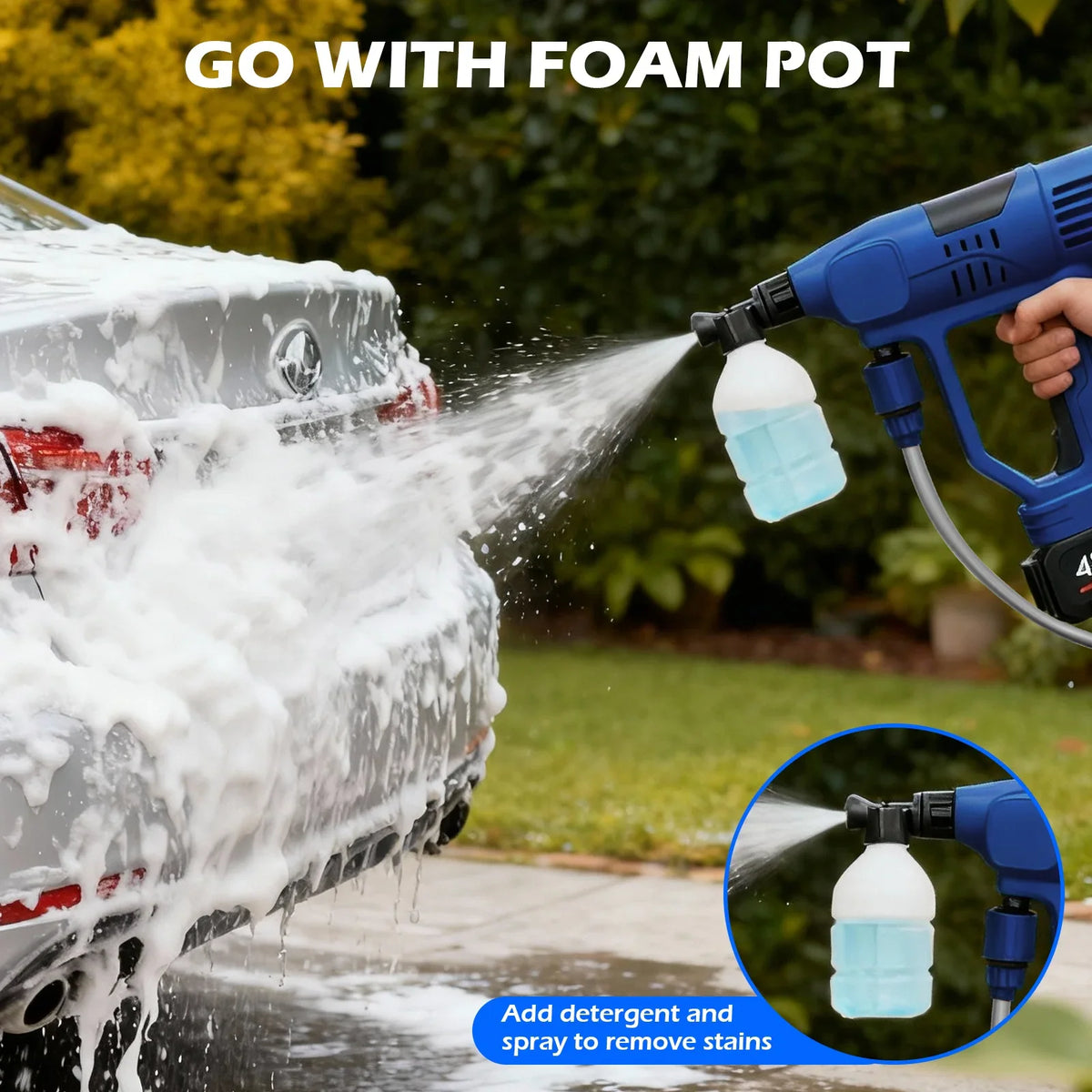 Person washing a silver car with soap using a portable cordless power washer