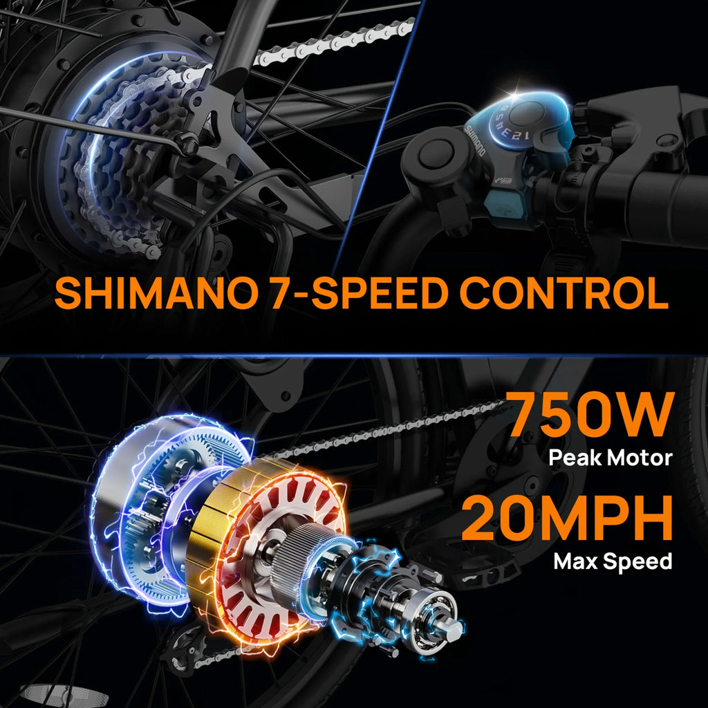 Close-up features of electric bike rear hub motor and 7-speed gear shifter