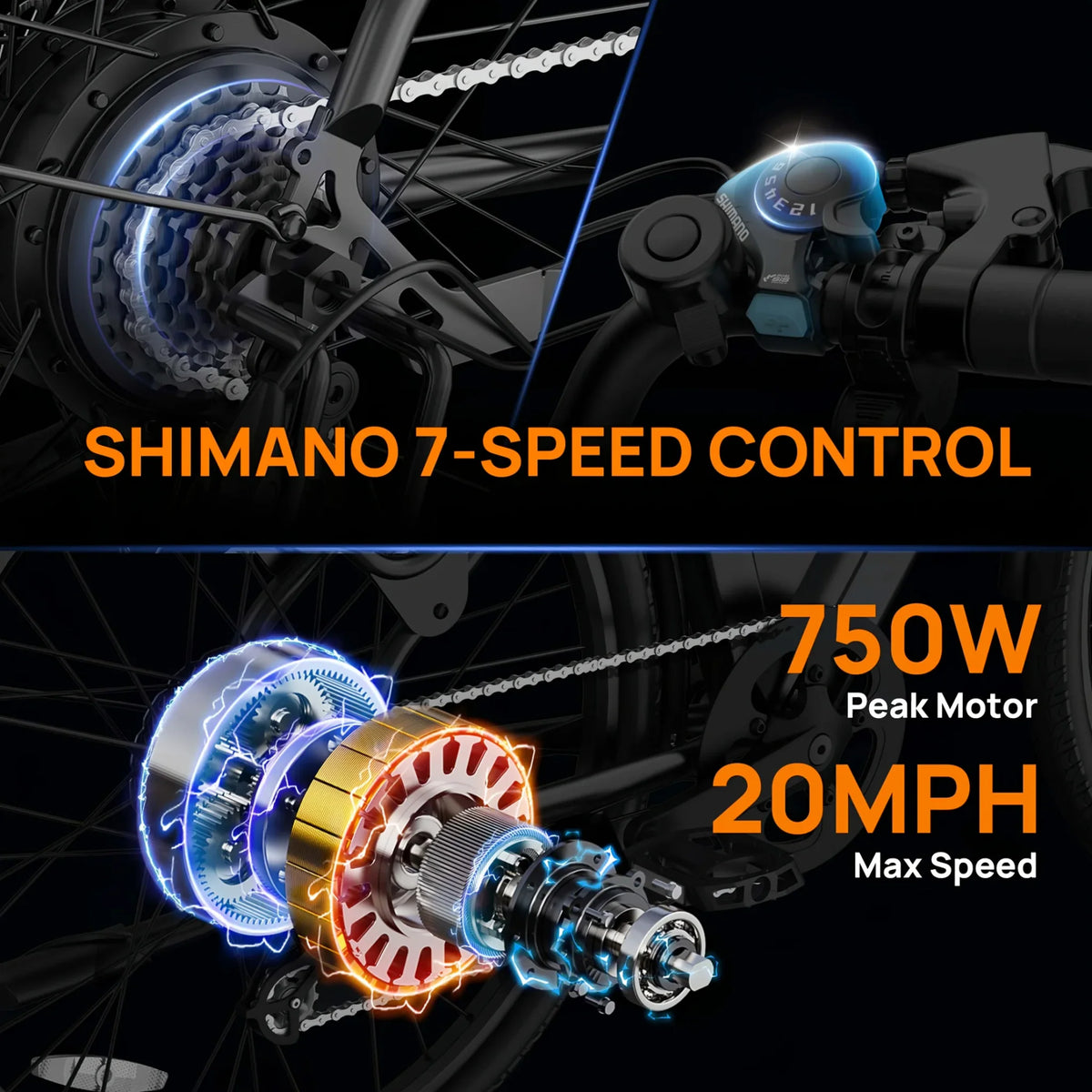 Close-up features of electric bike rear hub motor and 7-speed gear shifter