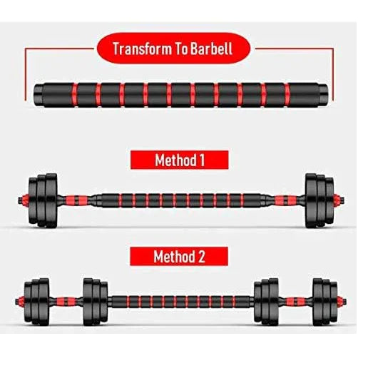 Instructions showing two different methods to assemble the dumbbell into a barbell.