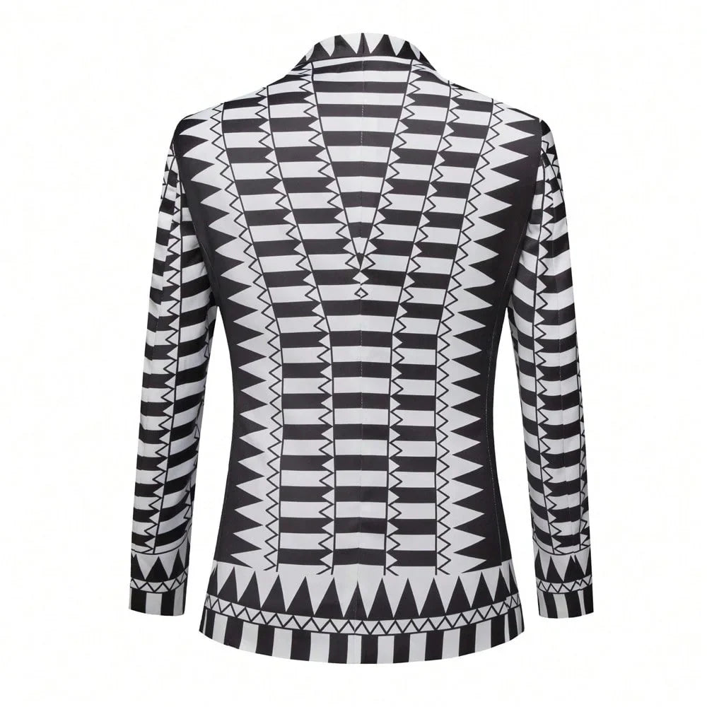 A back view of a black and white geometric print blazer.