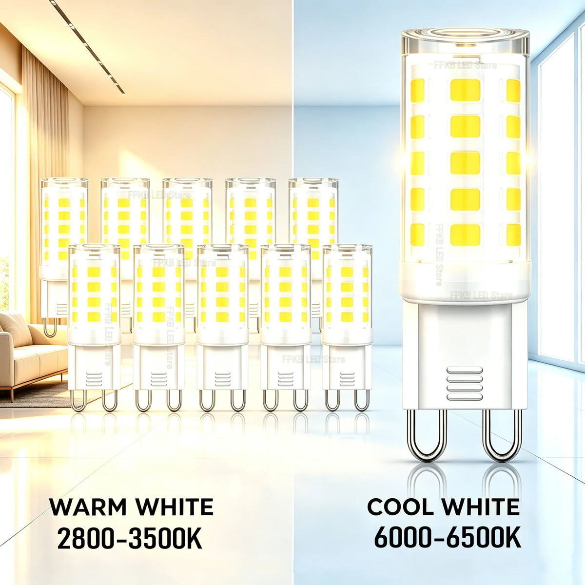 G9 LED bulb in warm white and cool white colour temperatures with living room background