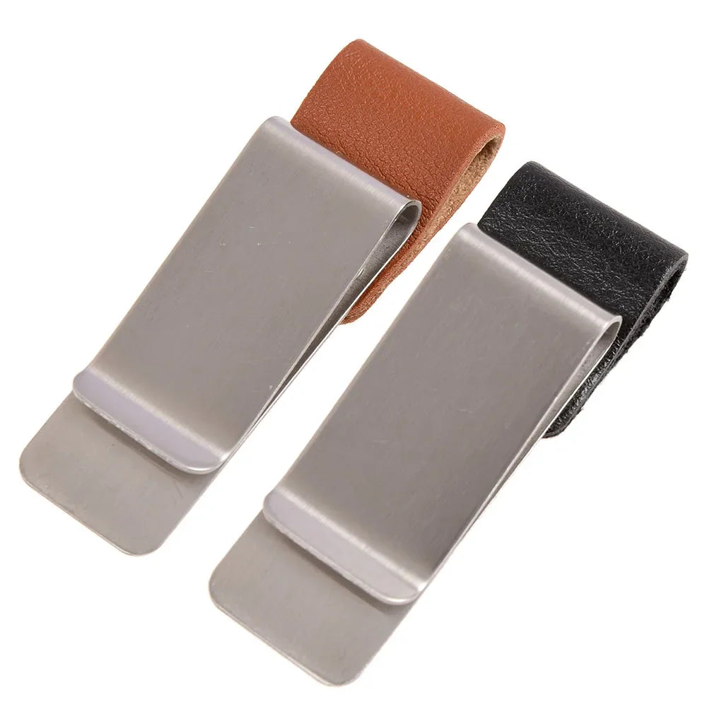 Two metal and leather pen holder clips on a white background.