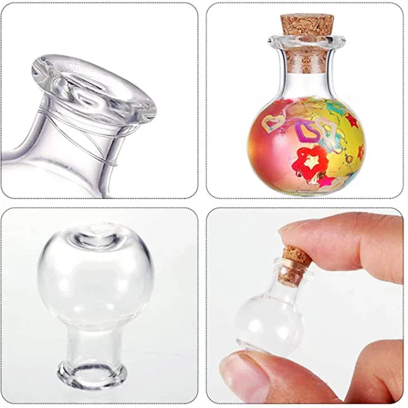 Collage showing detailed views of a small glass bottle with a cork stopper and a hand holding one
