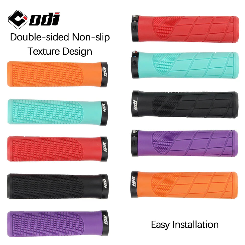 Various colourful rubber bike grips displayed side by side with non-slip texture design
