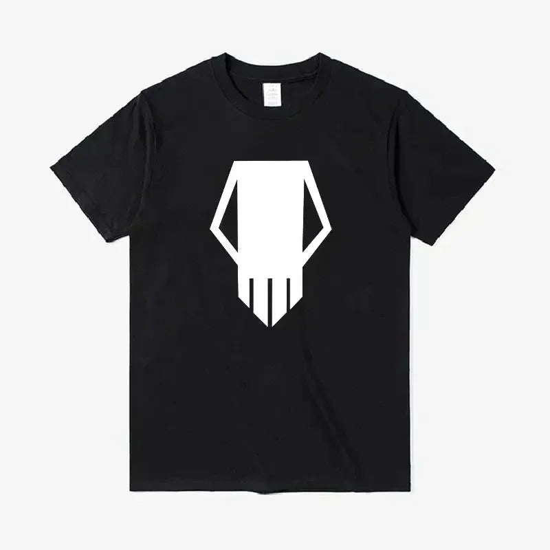 Black crewneck t-shirt with a white abstract logo printed on the front