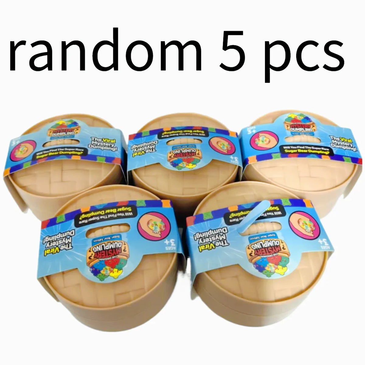 Five toy surprise dumpling boxes in bamboo-style containers