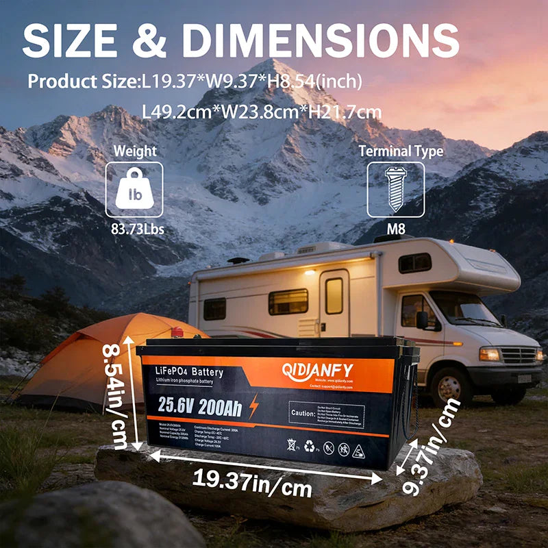 25.6V 200Ah lithium iron phosphate battery with dimensions diagram and RV background