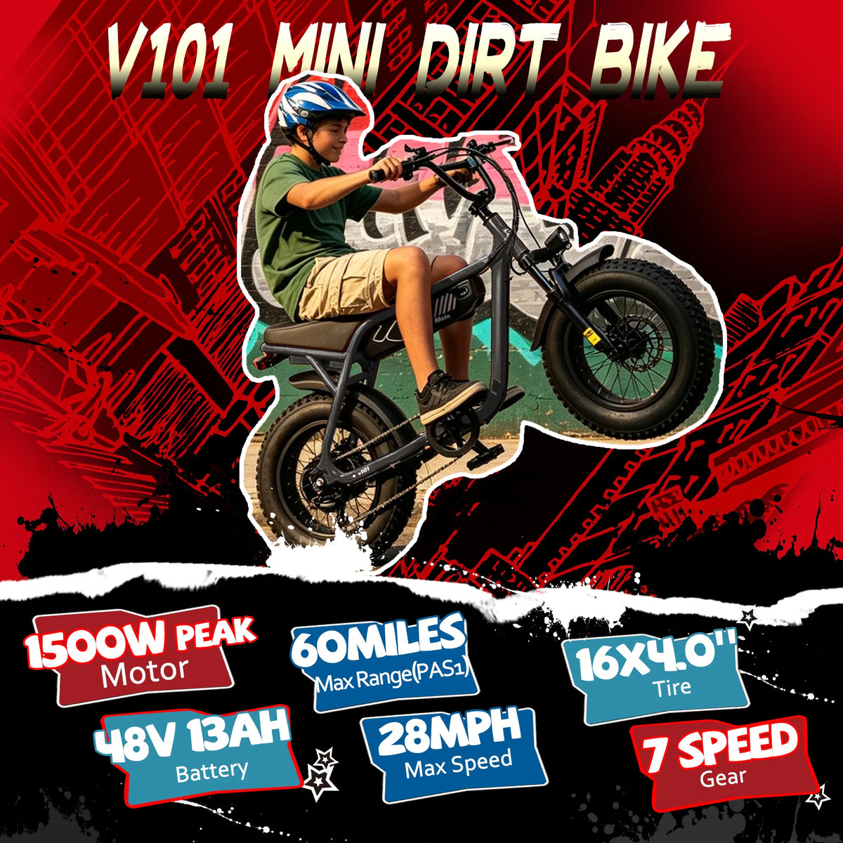 A person riding a V101 mini electric dirt bike on a red patterned background with technical specs.
