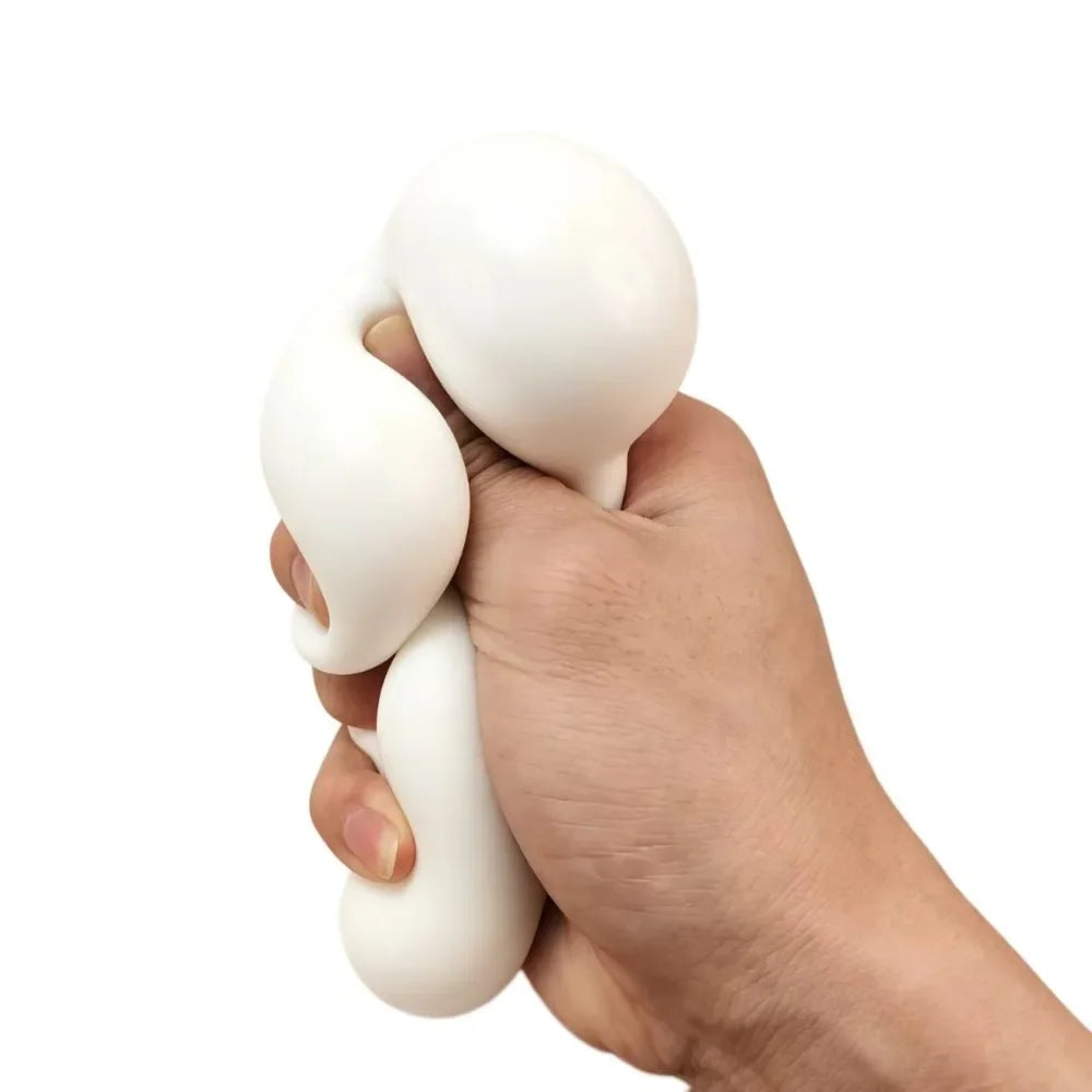Hand squeezing a soft white soap-shaped stress relief ball toy