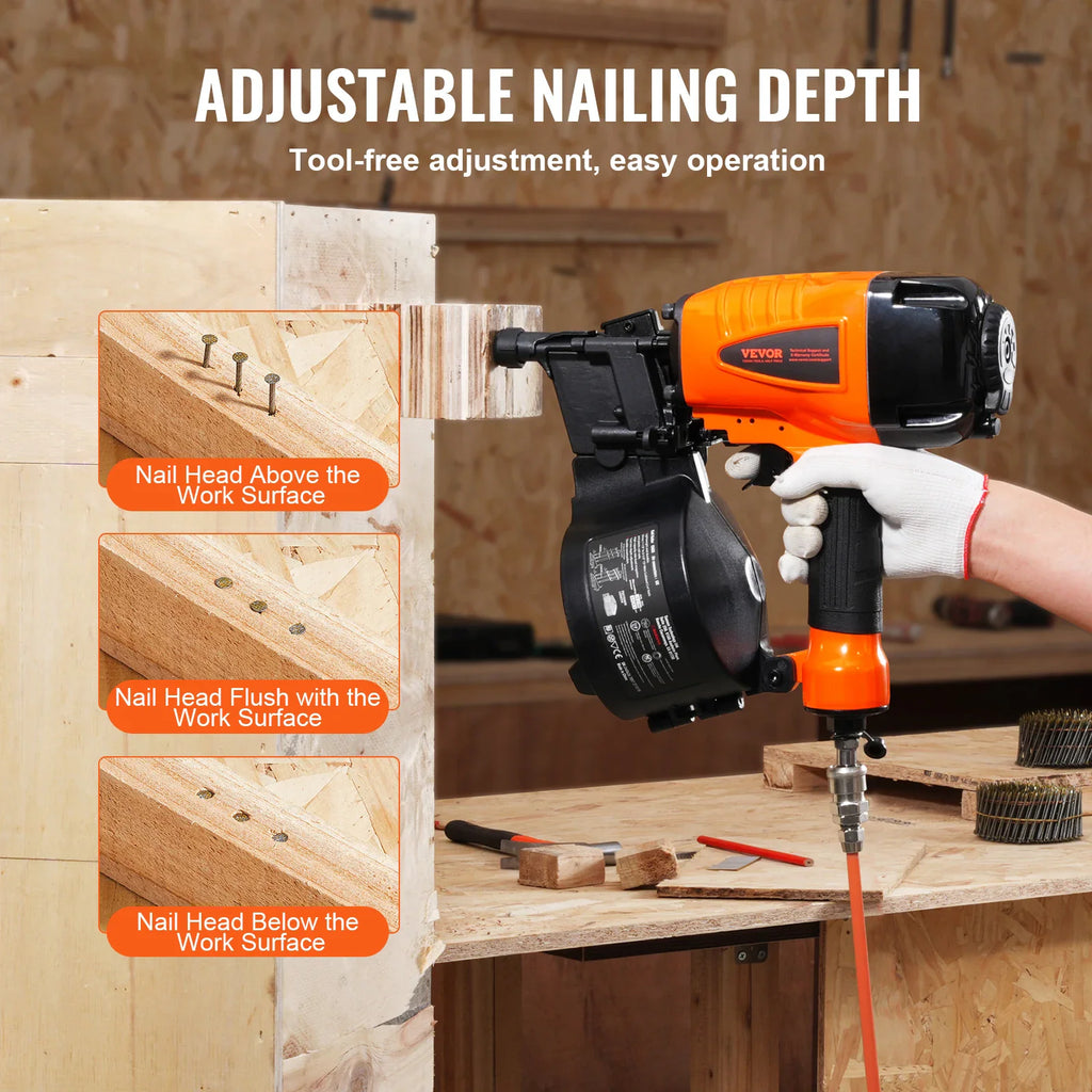 Pneumatic coil siding nailer showing adjustable depth settings on a wooden surface