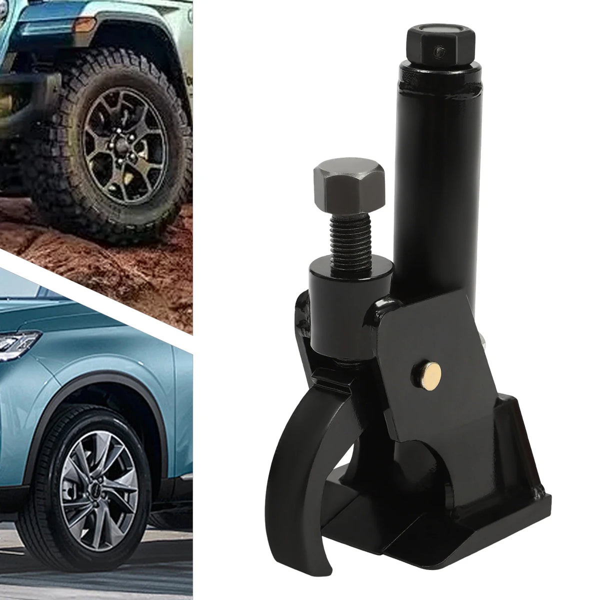 Black manual tire bead breaker tool with small illustrative inserts of wheels