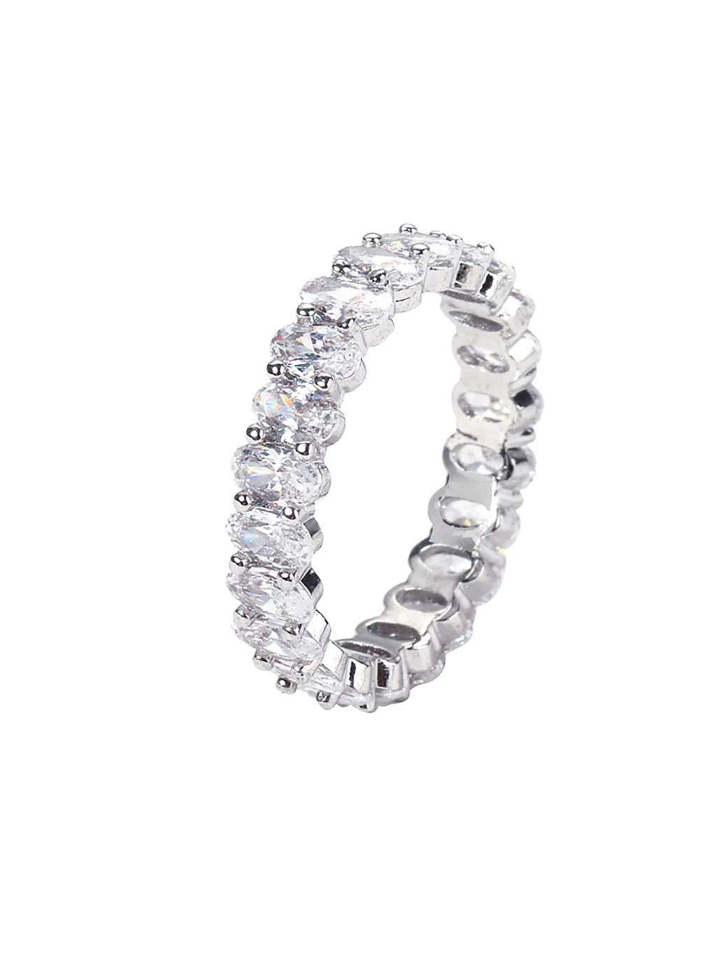 Eternity band ring featuring oval-cut white zircon stones set in sterling silver.