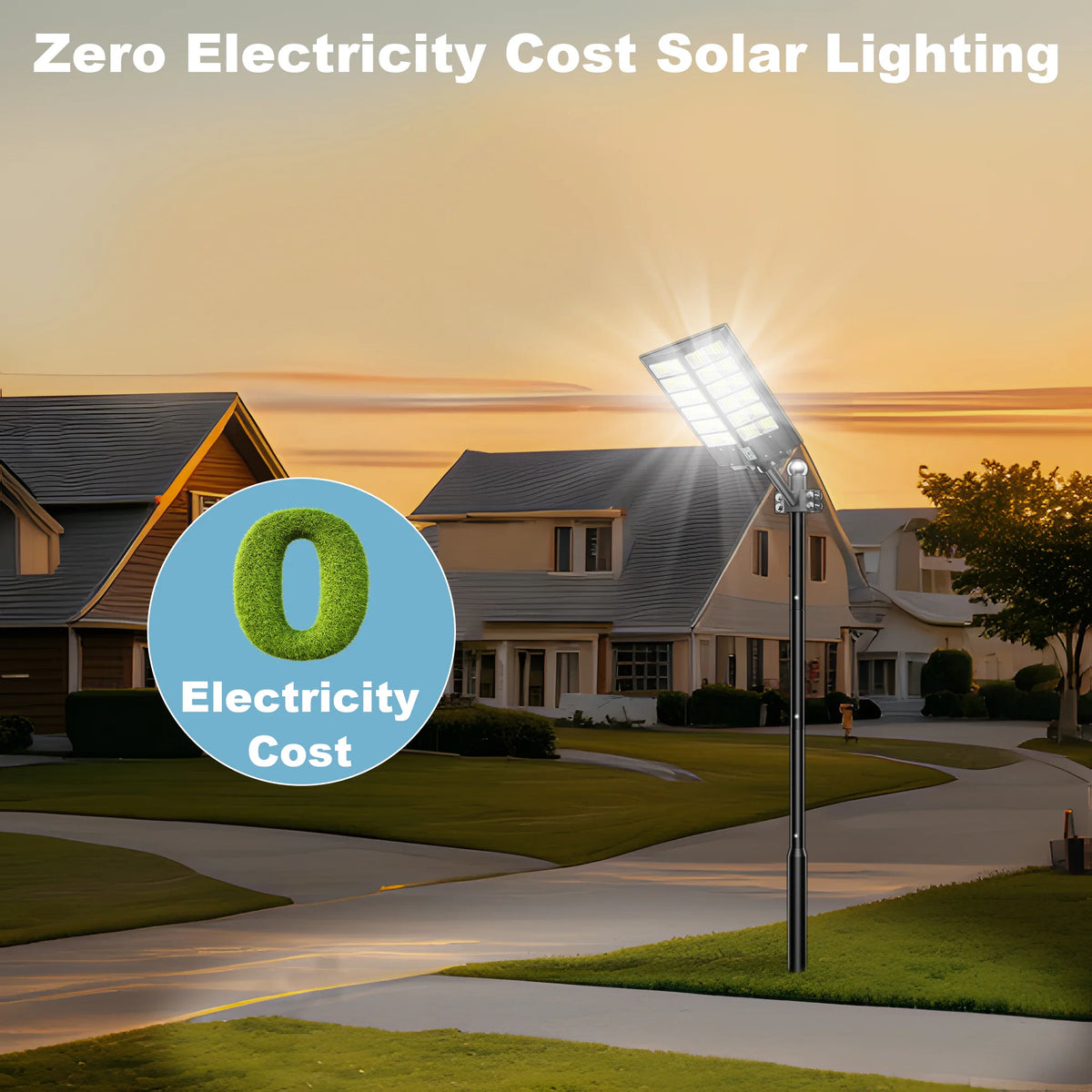 A solar LED street light illuminating a suburban home driveway at night.