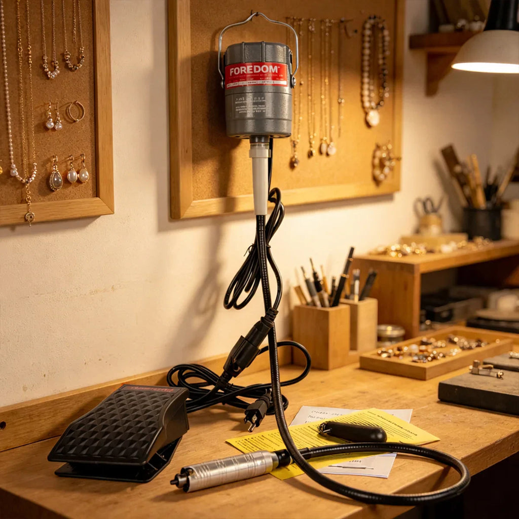 Hanging motor rotary tool kit with handpiece and foot pedal on a wooden workbench