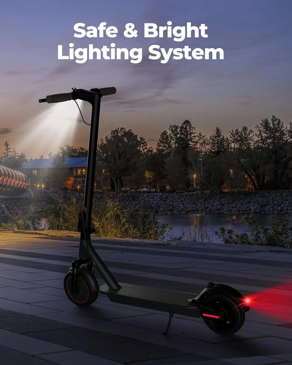 A black electric scooter in a dimly lit setting with its front and rear lights turned on.