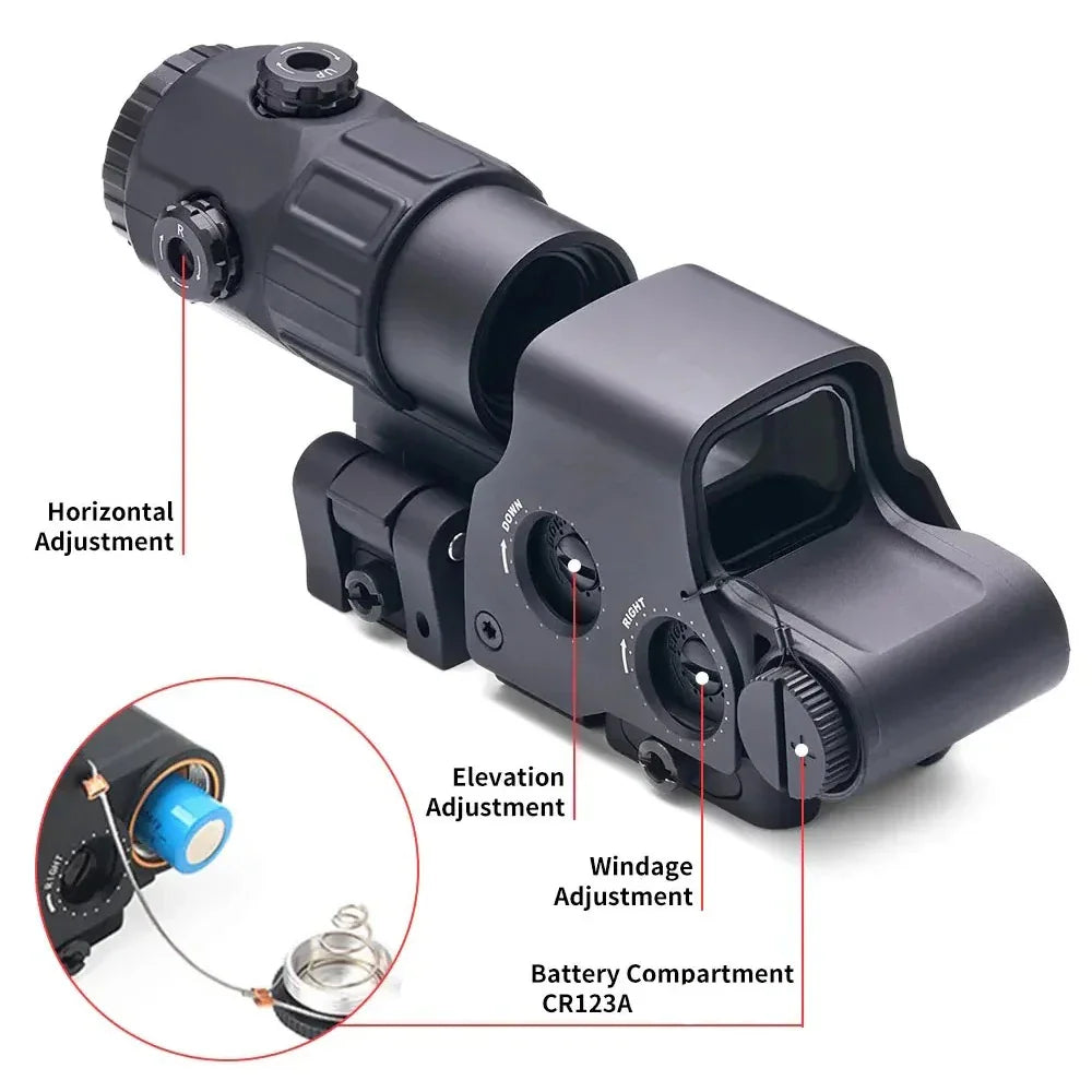Side view of black holographic sight and magnifier with adjustment labels and battery compartment visible