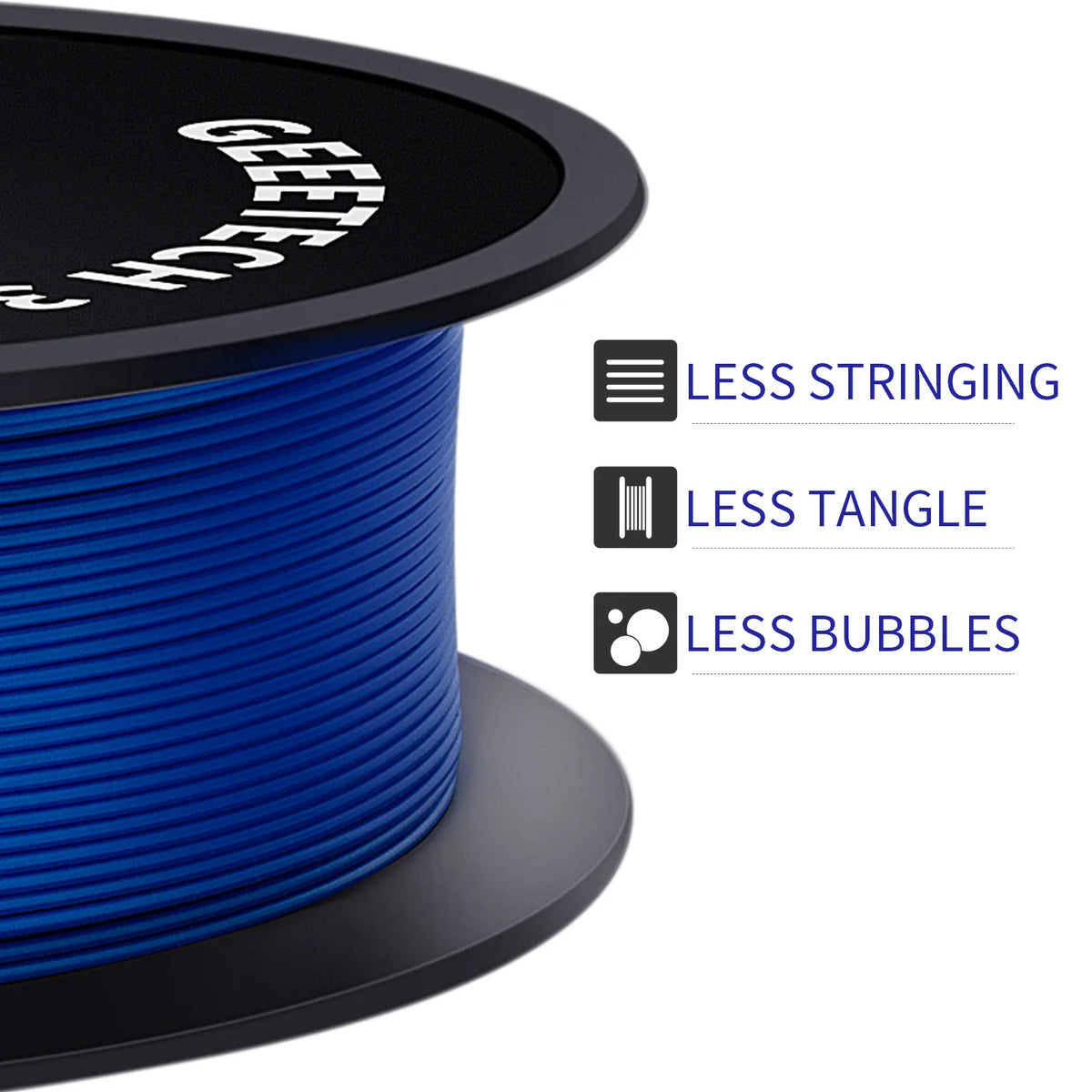 Blue 3D printer filament spool showing features like no tangling and no bubbles
