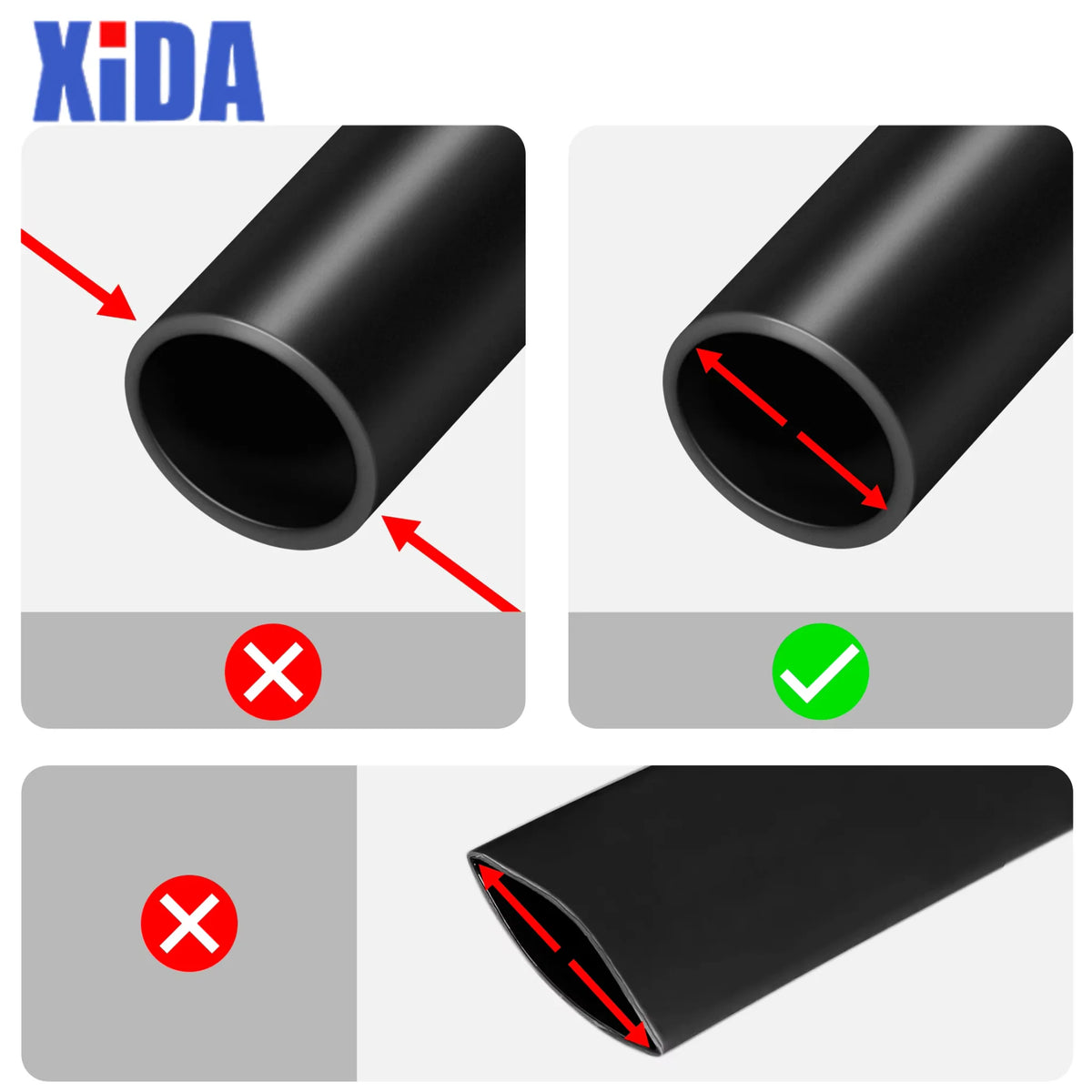 Technical diagram showing correct vs incorrect measurement for heat shrink tubing diameter