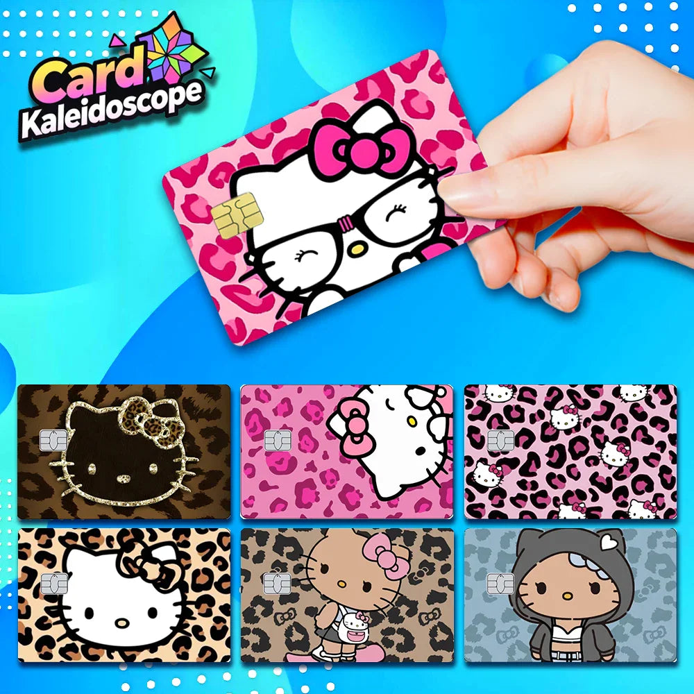 A hand holding a leopard print card skin with a cartoon cat face design.