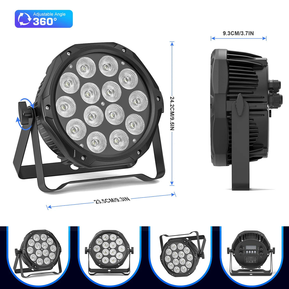 Technical dimension diagram of a black LED stage light with side and front view and adjustable angle
