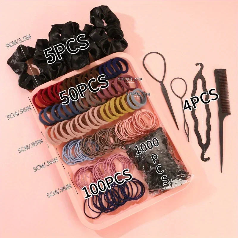Set of hair scrunchies, assorted elastic bands, and styling tools with quantity text overlays.