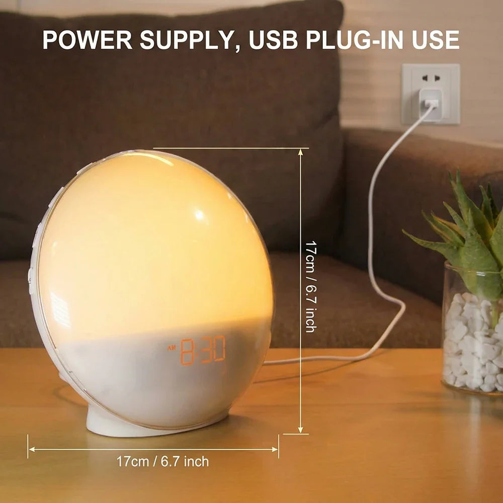 Round wake-up light alarm clock on a desk with measurement overlays