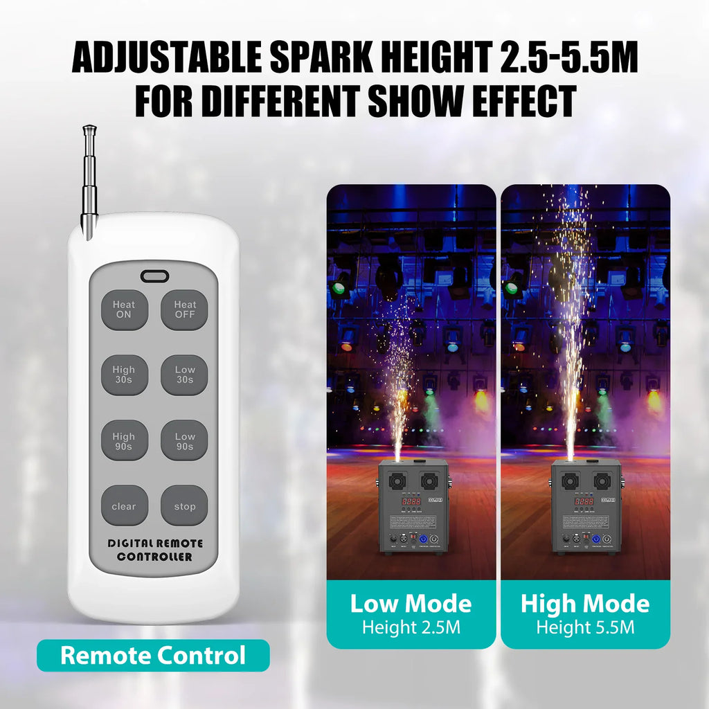 Remote control for cold spark machine showing adjustable heights