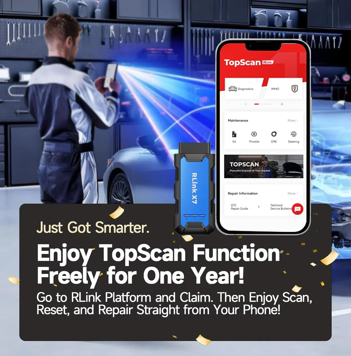 A technician using a smartphone app for vehicle diagnostics and repair information.