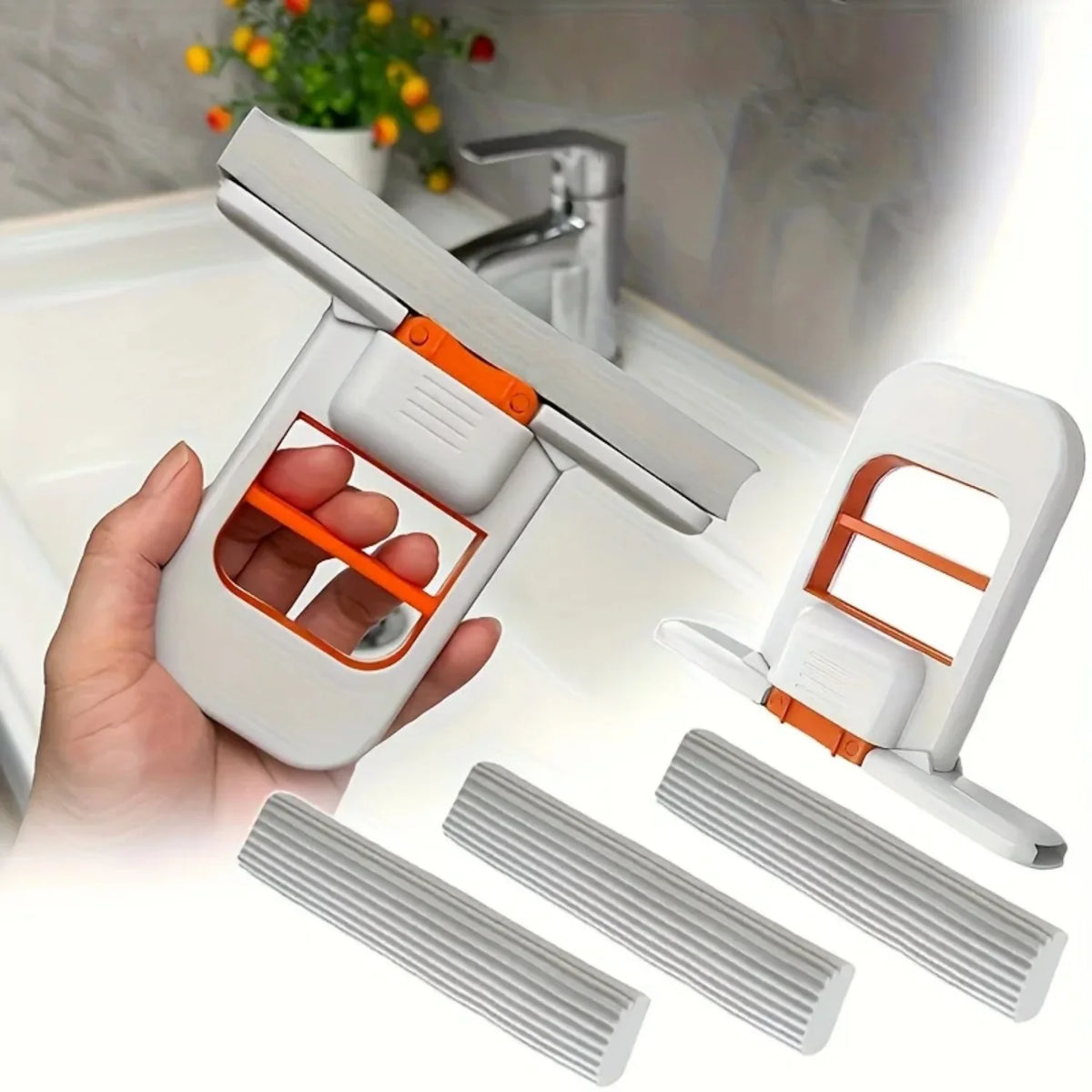 A handheld sponge mop with replaceable sponge heads being used to clean a bathroom sink