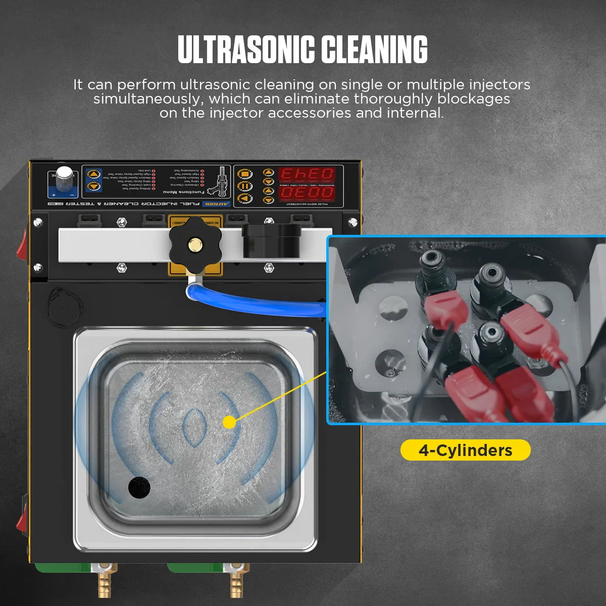 Fuel injector ultrasonic cleaning machine with 4-cylinder injector test setup view.