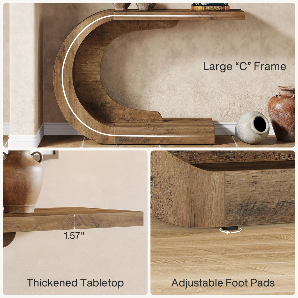 Details of the wooden console table showing table thickness and adjustable feet.