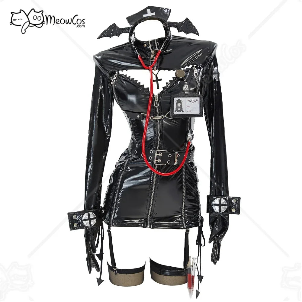 Gothic nurse costume set in black vinyl with bat-wing headband and stethoscope