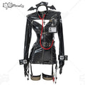 Gothic nurse costume set in black vinyl with bat-wing headband and stethoscope