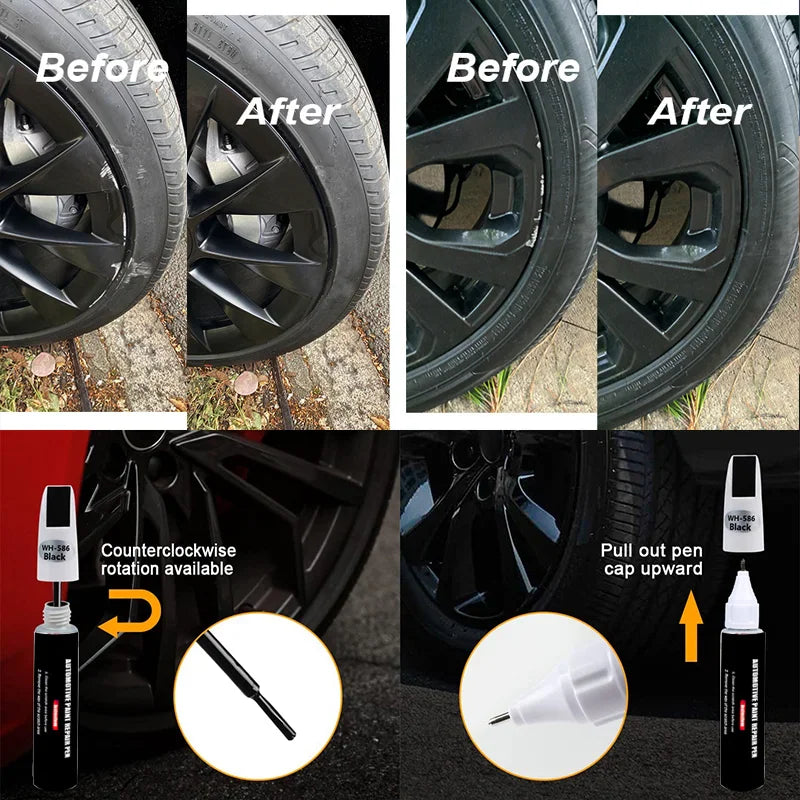 Instructional diagram showing how to use a black automotive wheel touch-up paint pen
